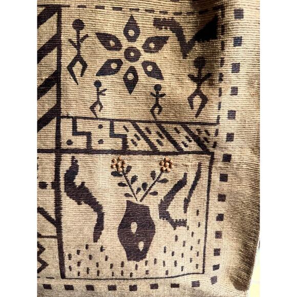 Vintage Handstamped Straw Tribal Purse with Leather Handles Cowry Shells - Picture 5 of 10